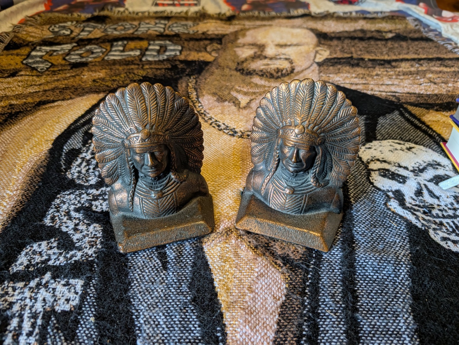 1930s Bronze Native American Indian Chief Head Bookend Set Art Deco Original