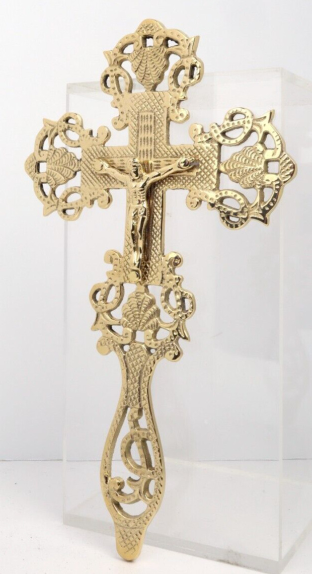 Catholic Religious Gifts High Polished Church Brass Cross Wall Crucifix 9 In
