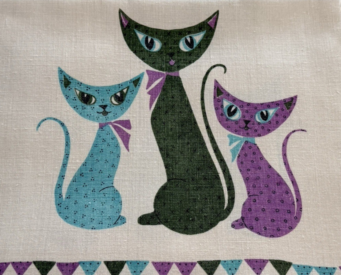 Vintage Tea Towel Atomic Cats  MCM Green Aqua Purple Linen