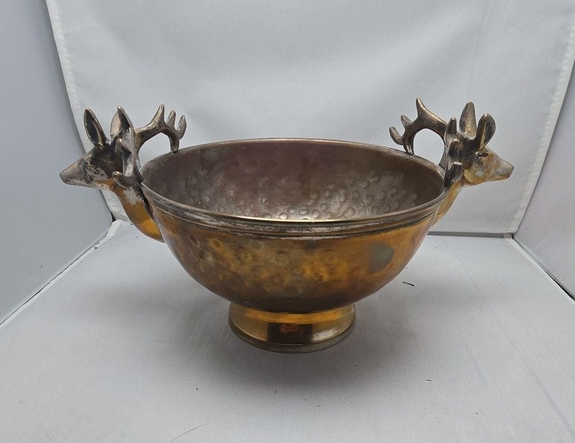 Vintage Hammered Brass and Silver Plated Footed Bowl with Deer Stag Head Handles