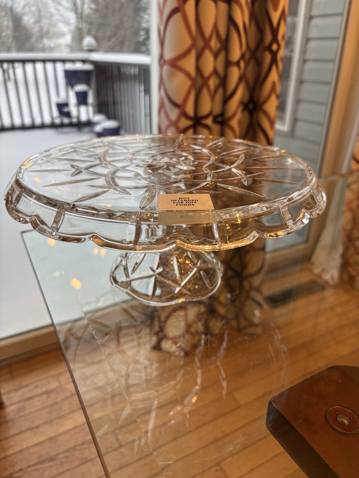 Gorham Heavy Cut Etched Crystal Scallop Edge Cake Stand 4.75” Tall 10” Diameter