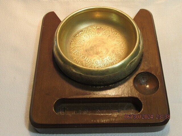 Vintage Brass Ashtray With Wooden Holder
