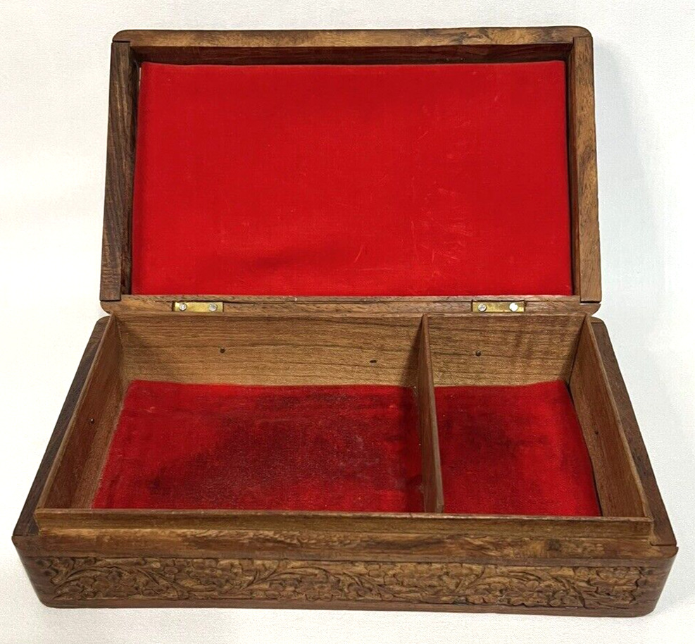 Vintage India Wooden Handcrafted Jewelry Box Inlay Floral Design Red Velvet