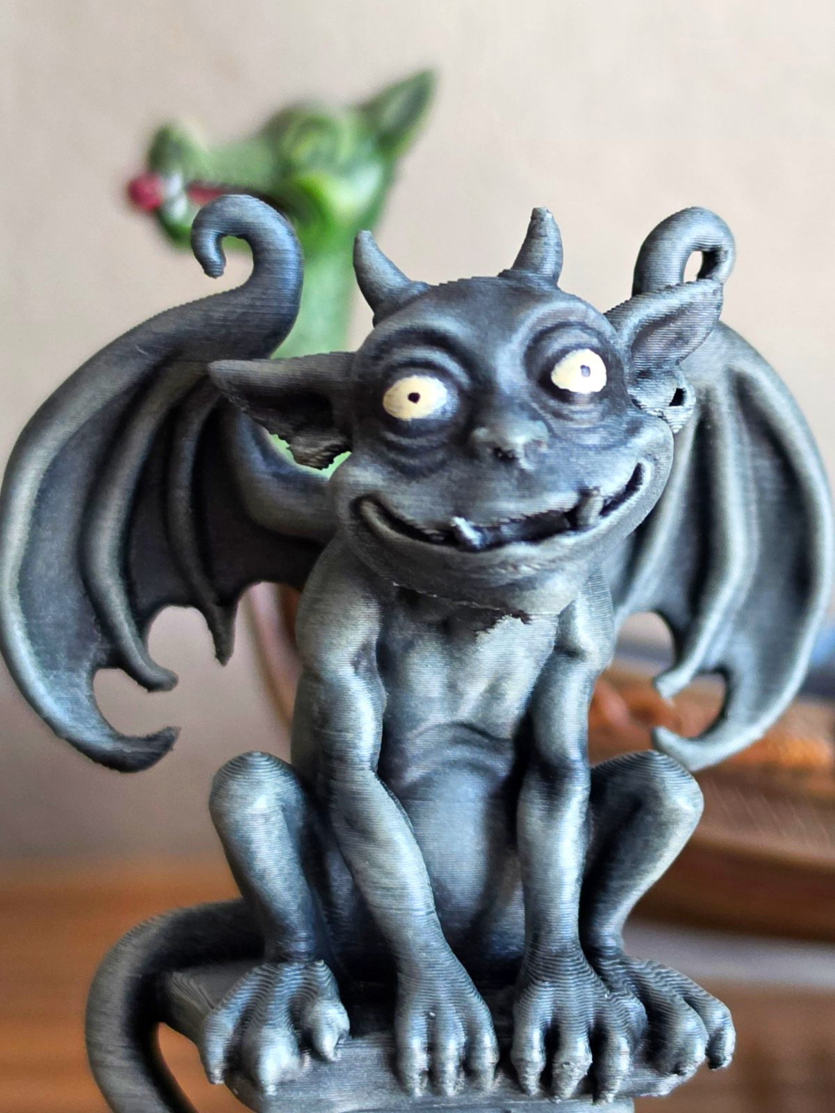 Fantasy Gothic Gray Gargoyle Figurine Statue Sitting on Pedestal Base Fantasy Gothic Gray Gargoyle Figurine Statue Sitting on Pedestal Base