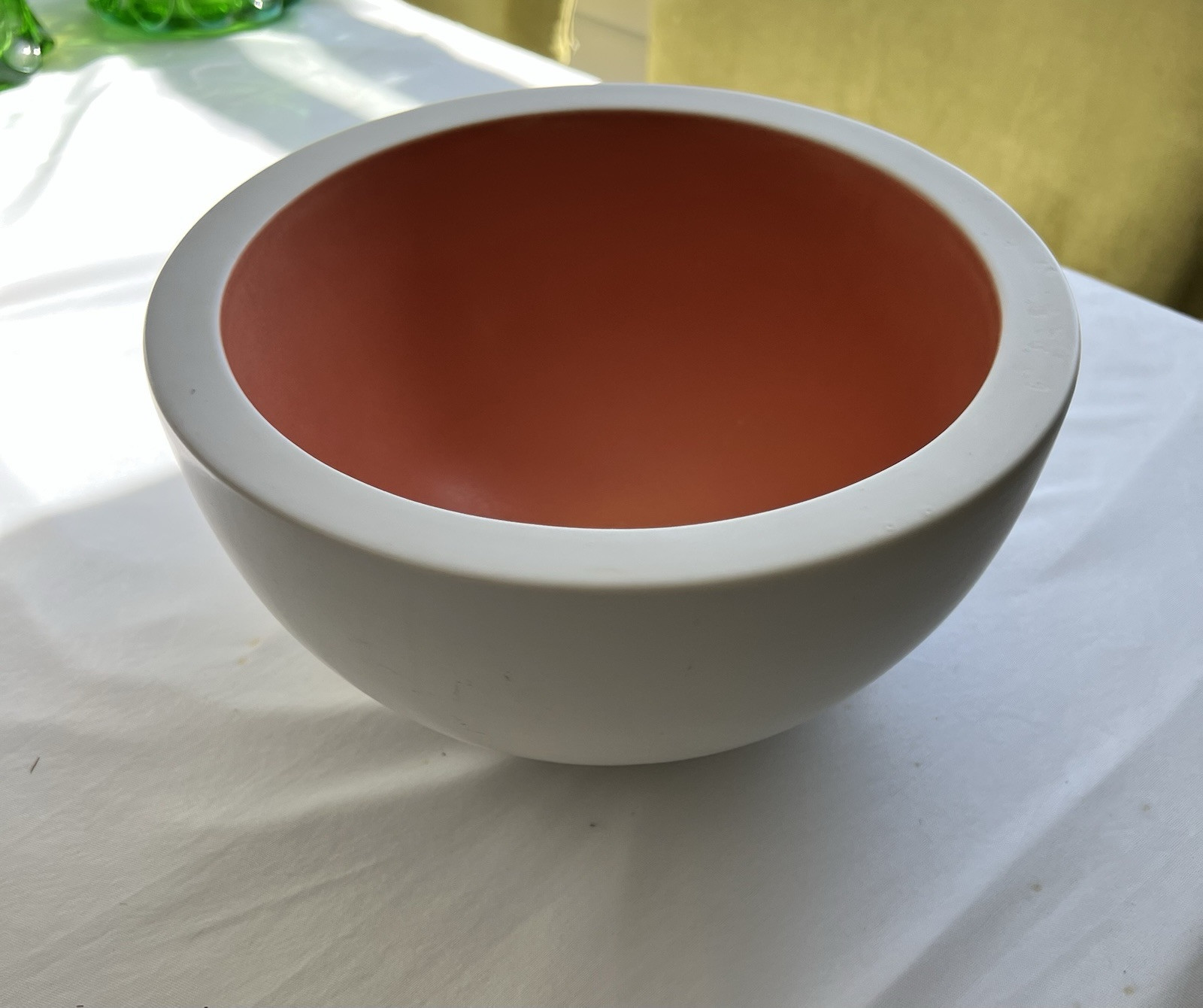Unique Lg Hand Crafted Ceramic Double-Wall Serving Bowl White and Orange MCM