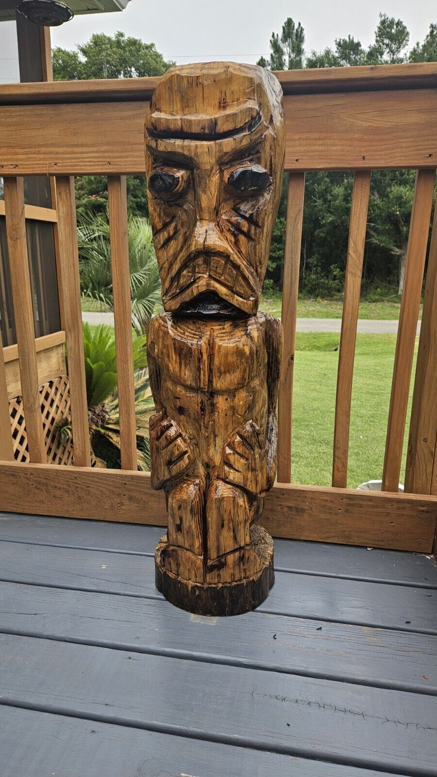 Large  Solid Wood Squatting Tiki Statue, Chainsaw Carving, Sinker Pine Recovered