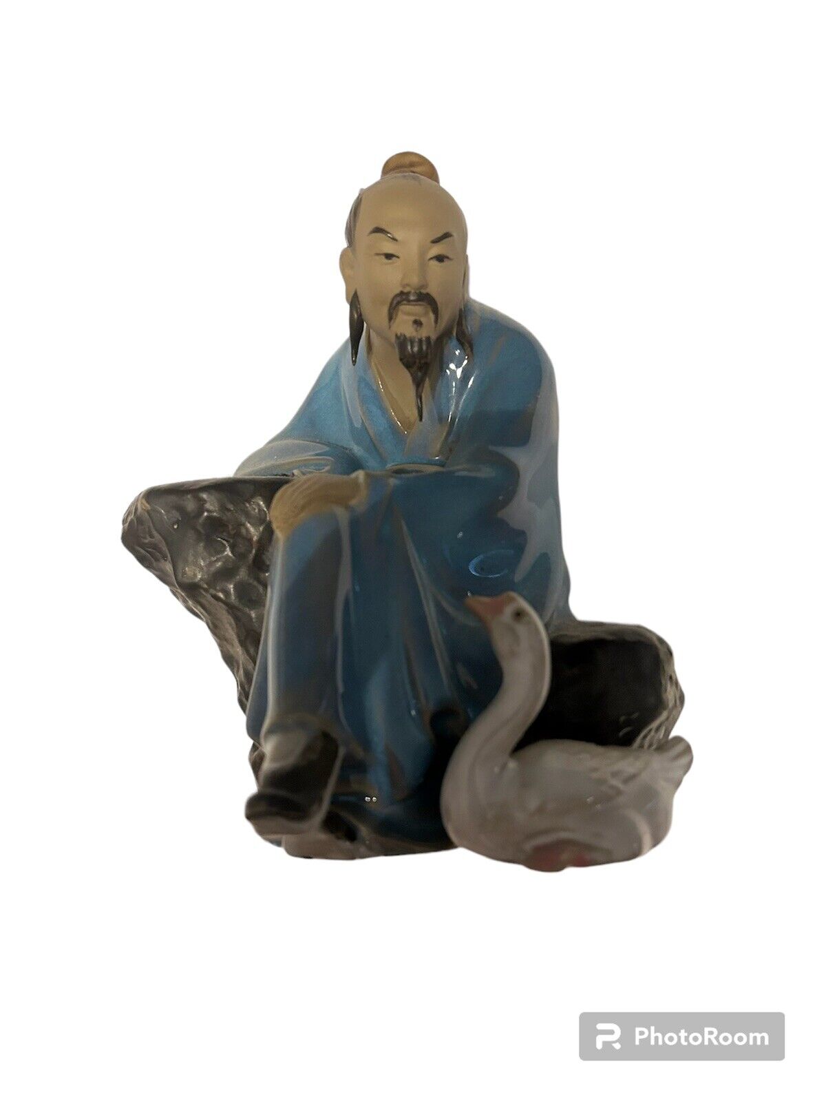 Vintage Shiwan Chinese Mud Man Sitting On A Rock With A Goose Pottery Figurine