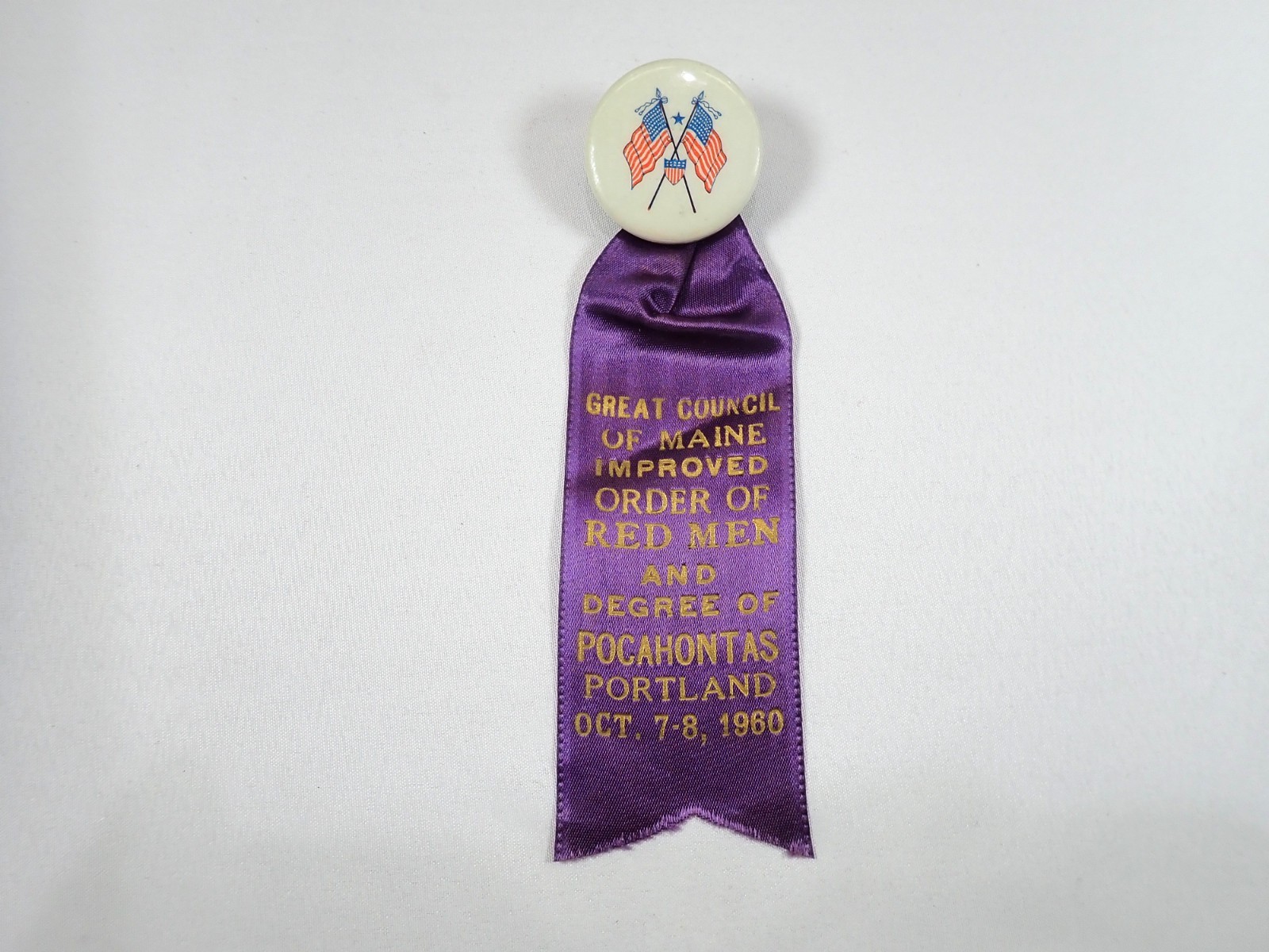 Vintage 1960 Improved Order of Red Men Maine Ribbon Pin US Flags Portland