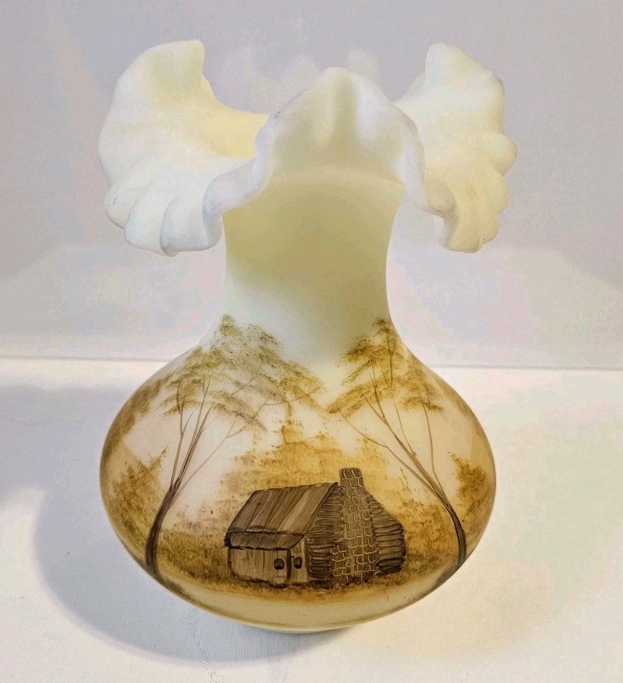 Vintage Fenton Burmese Vase Log Cabin Vaseline Glass Hand Painted Signed Glows Vintage Fenton Burmese Vase Log Cabin Vaseline Glass Hand Painted Signed Glows