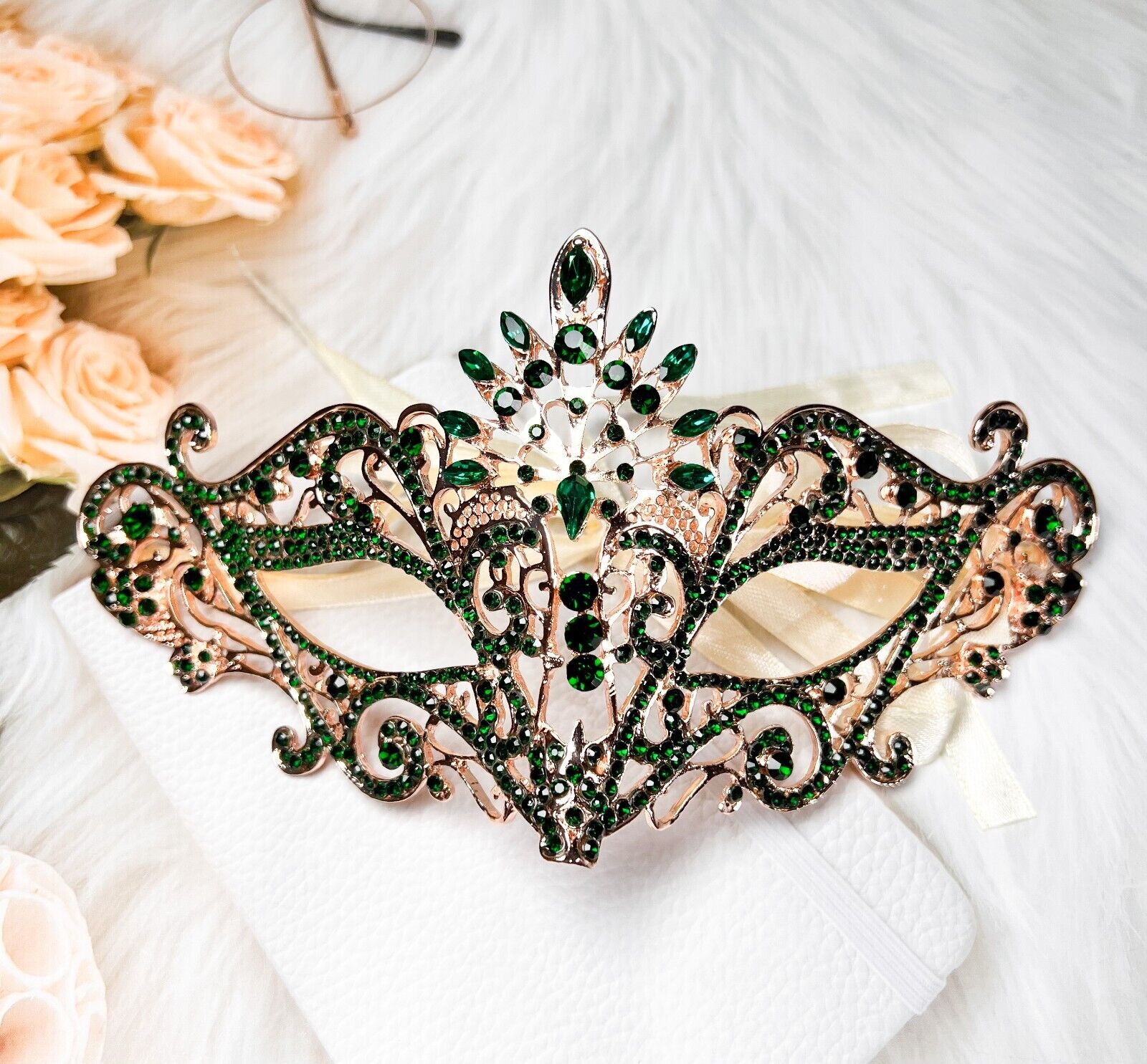 Masquerade Mask Luxury Emerald Crystal, Rhinestone Eye Mask, Elegant Party Mask