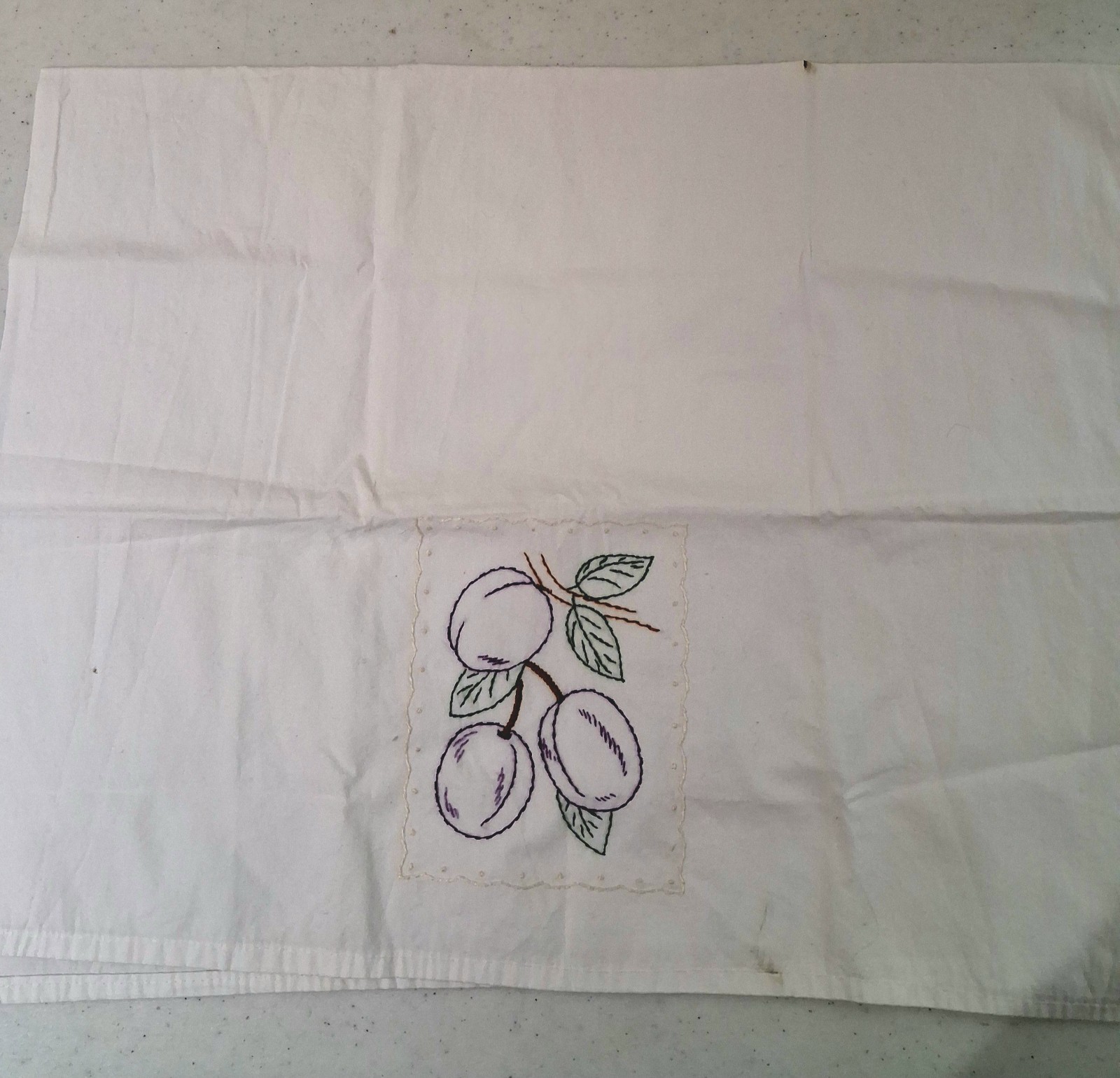 White Cotton Embroidered Plum Fruit Tea Towel