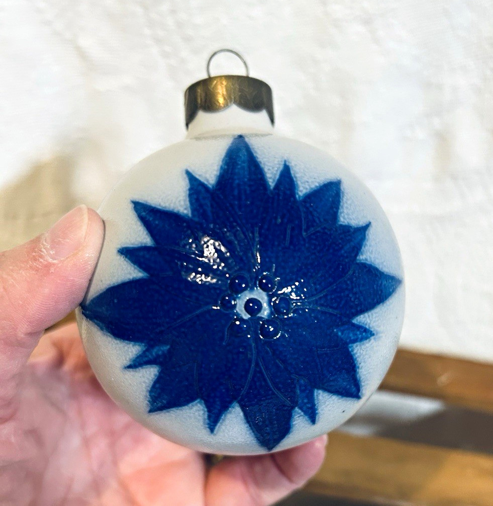 Vintage Salmon Falls Salt Glaze Christmas Ornament Blue Poinsettia Burst Vintage Salmon Falls Salt Glaze Christmas Ornament Blue Poinsettia Burst