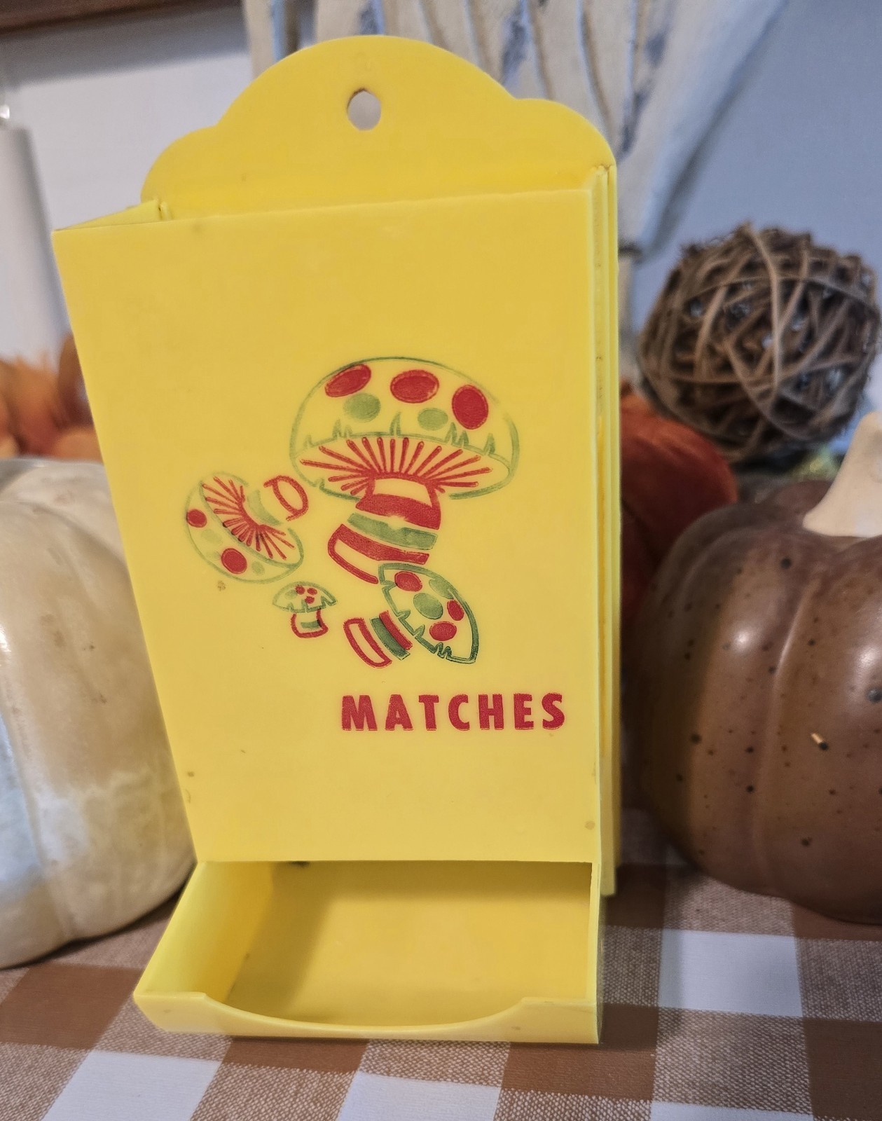 Vintage Yellow MUSHROOM Match Box Hard Plastic Wall Holder Retro 70s