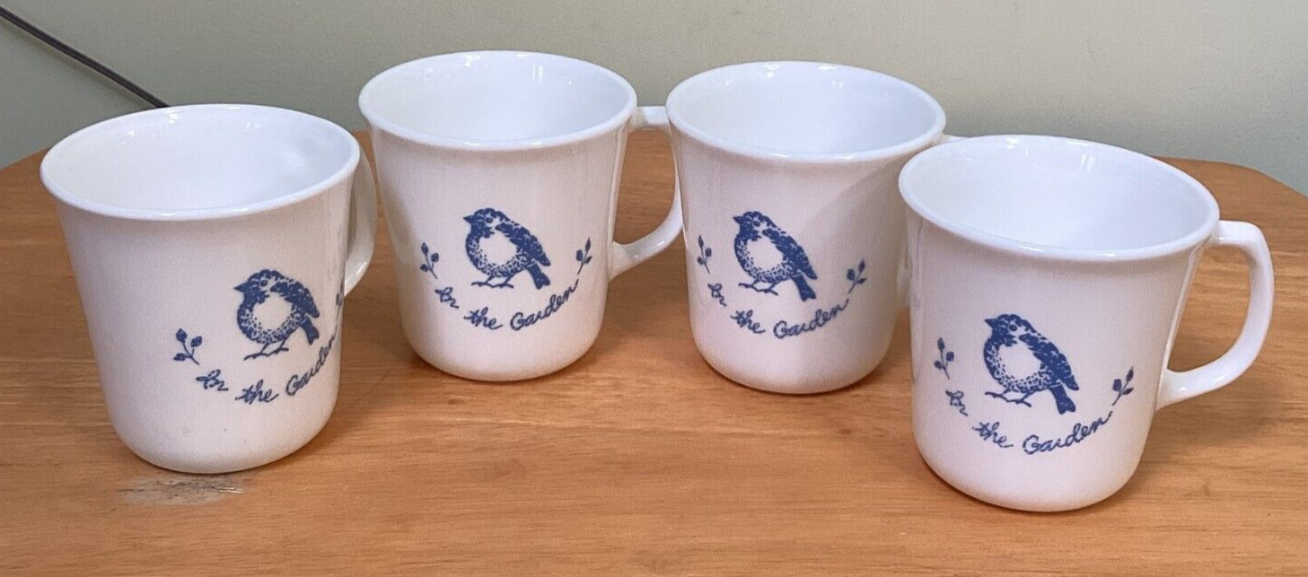Set of 4 Corelle Corning USA In The Garden Retired Blue Bird Vintage White Mugs