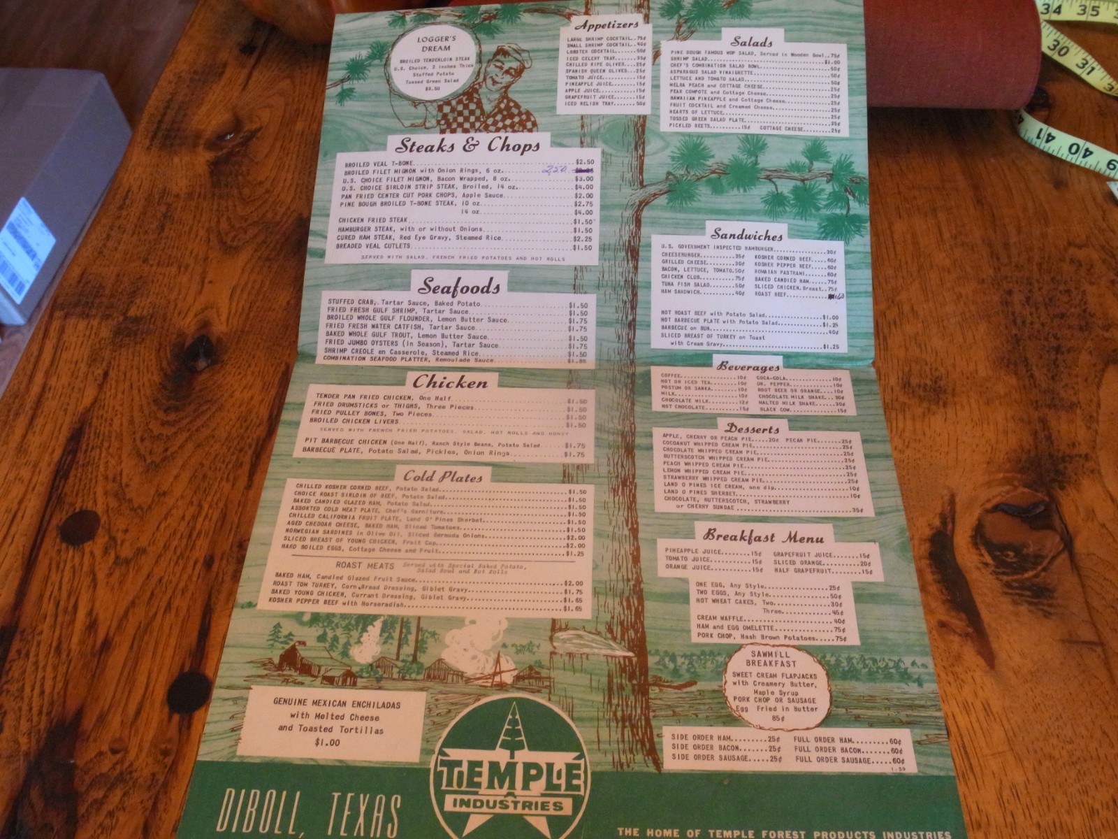 Vintage 1956 Diboll Texas Pine Bough Restaurant Menu & Placemat Temple Industry