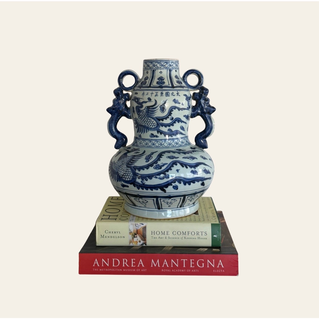 Vintage Chinese Blue and White Phoenix Vase with Sculptural Dragon Handles