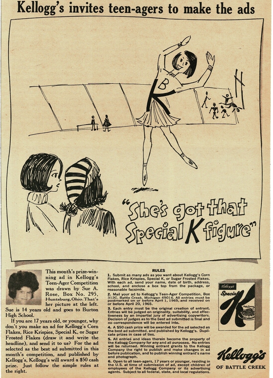 1965 KELLOGG\'S Special K cereal art winner Sue A. Rose Vintage Print Ad 