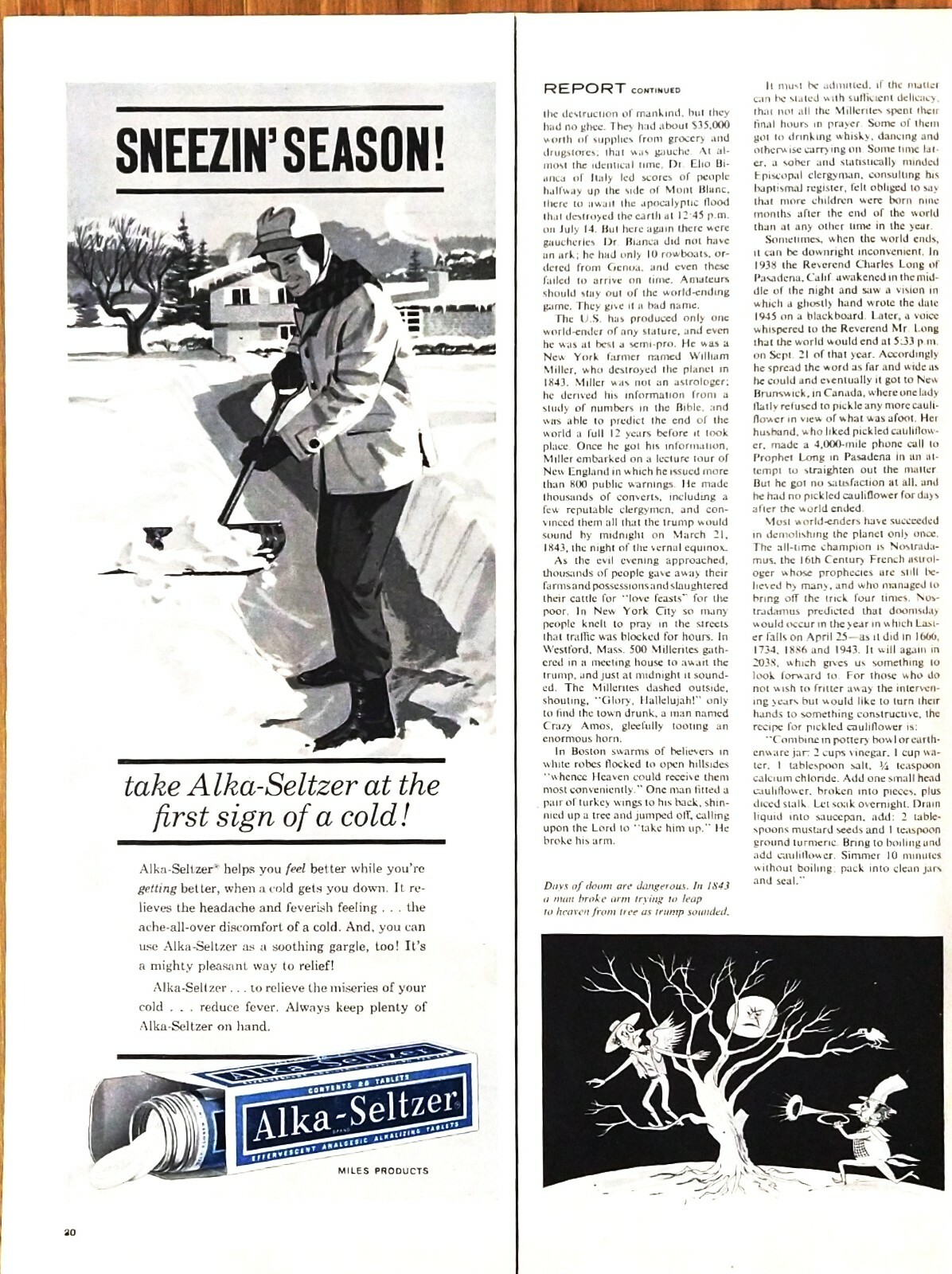 1962 Alka Seltzer Vintage Print Ad Sneezin Season Man Shovel Snow Blue 1/2-Page