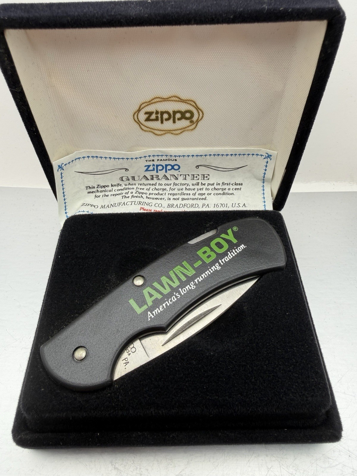 Vintage Lawn Boy Advertising Stainless Zippo Pocket Knife NEW B51 Vintage Lawn Boy Advertising Stainless Zippo Pocket Knife NEW B51