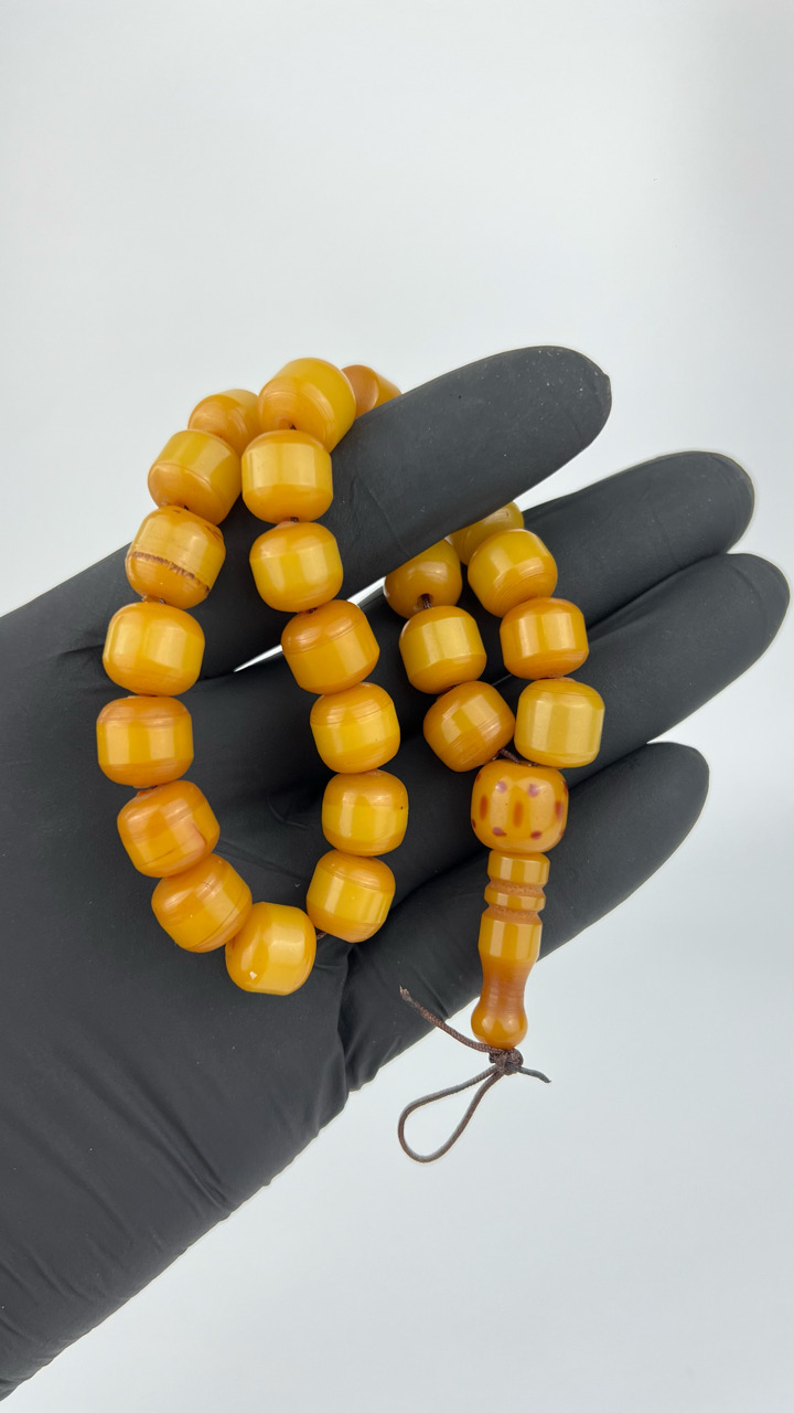 antique Yellow Amber Bakelite Islamic Prayer Rosary Veins 27 Beads