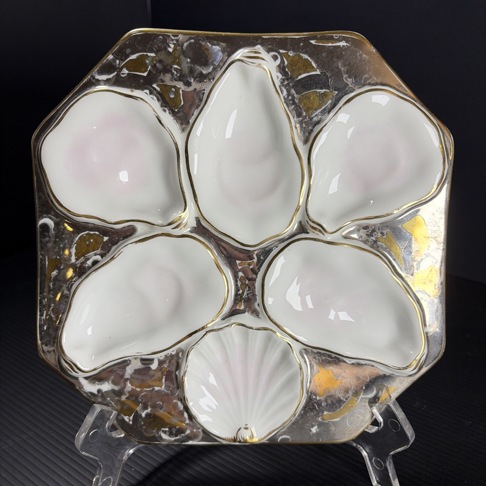 Antique France Porcelain Oyster Plate Gold Silver Octagon Shape