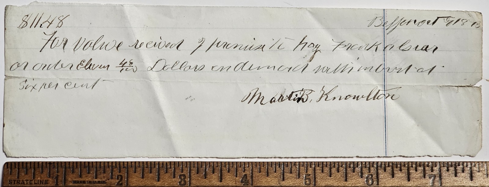 1873 Panic Belfast Maine Martin Knowlton $11.48 Handwritten Promissory Note