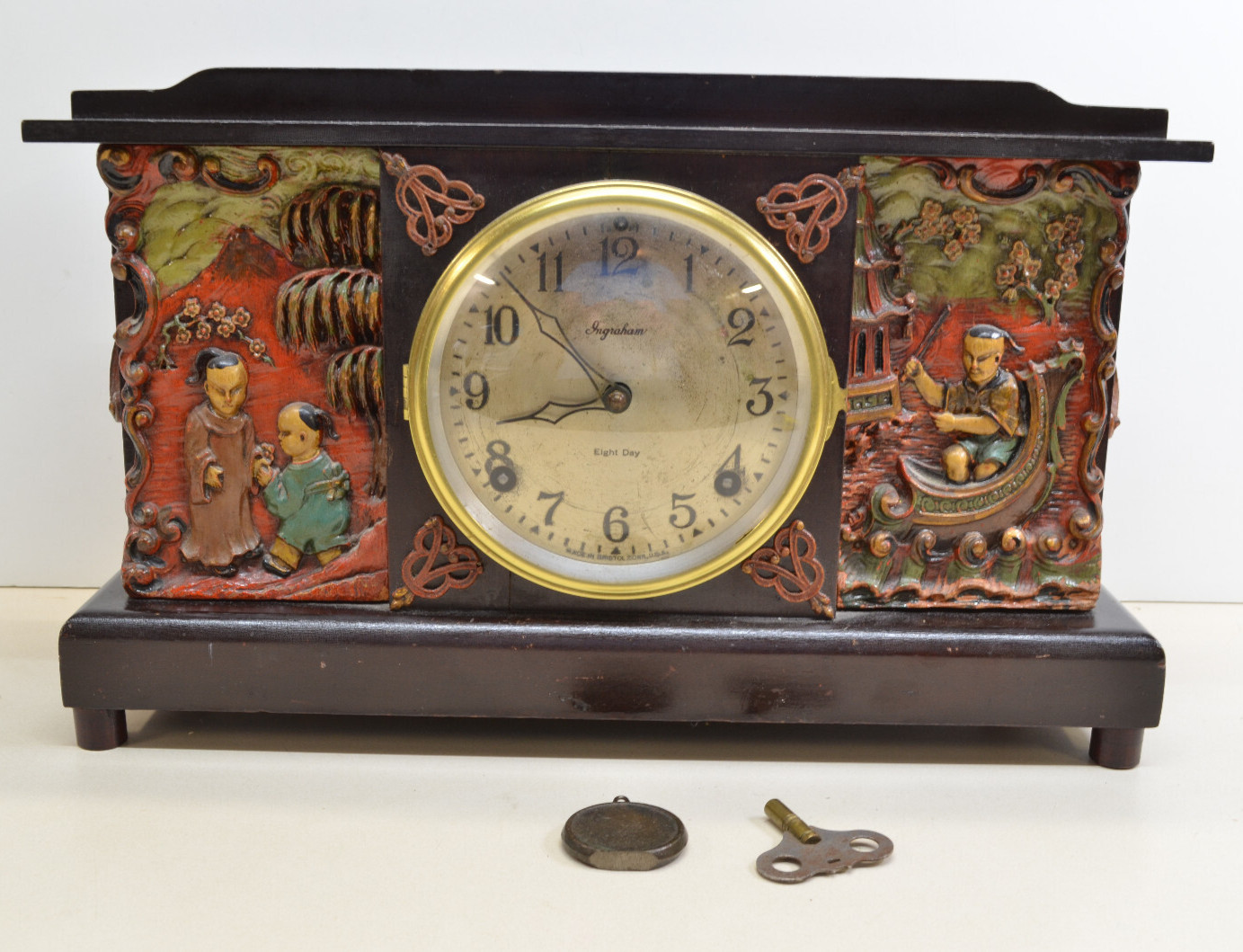 Vintage 1920s INGRAHAM MANTLE CLOCK Chinese Theme Chinoiserie Eight Day Antique