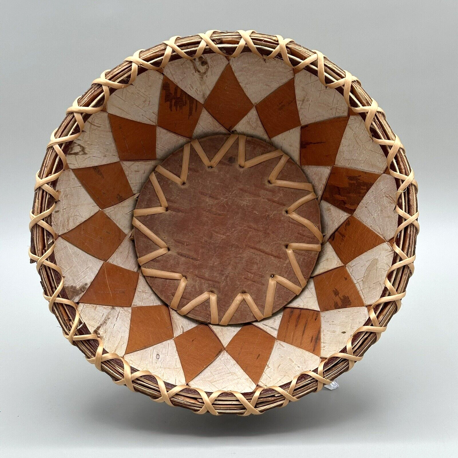 Vintage Inupiaq Birch Bark Basket Native Alaskan Handmade Diamond Design Browns