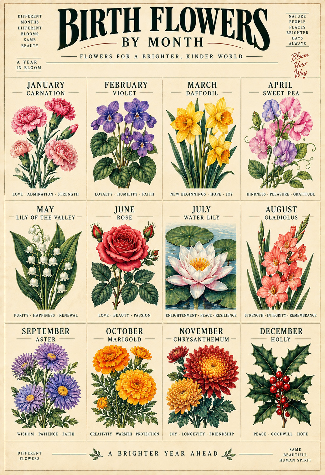 Birth Flowers by Month Vintage Botanical Floral Chart Poster Wall Art 13x19