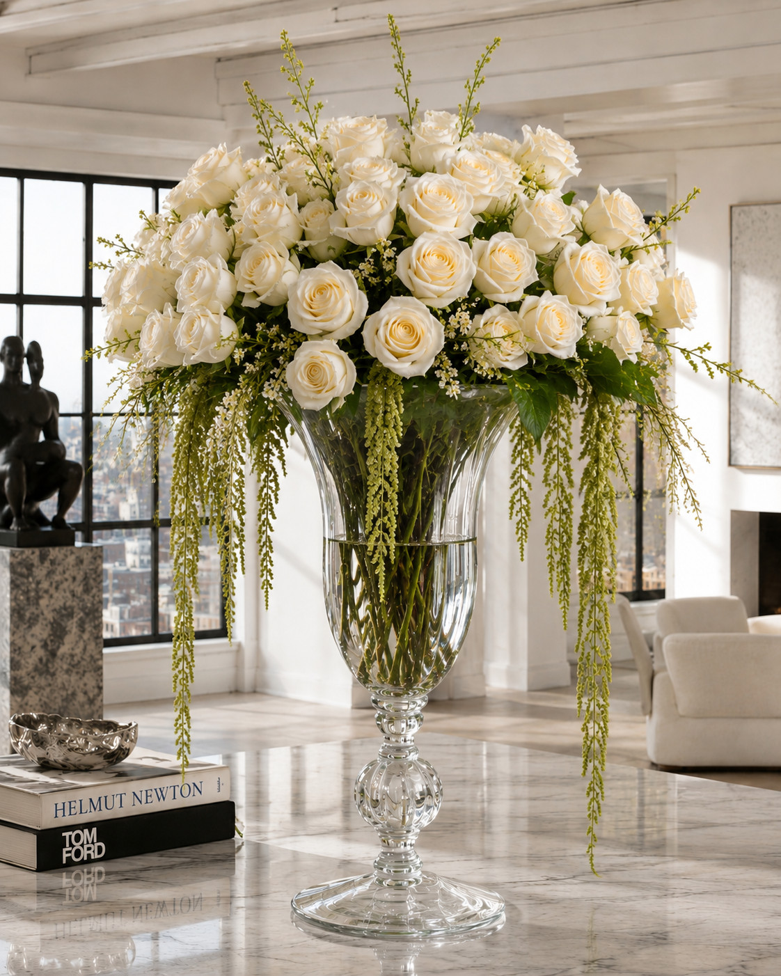Large Hand Blown Clear Glass Pedestal Urn Vase 20.5\ Large Hand Blown Clear Glass Pedestal Urn Vase 20.5\