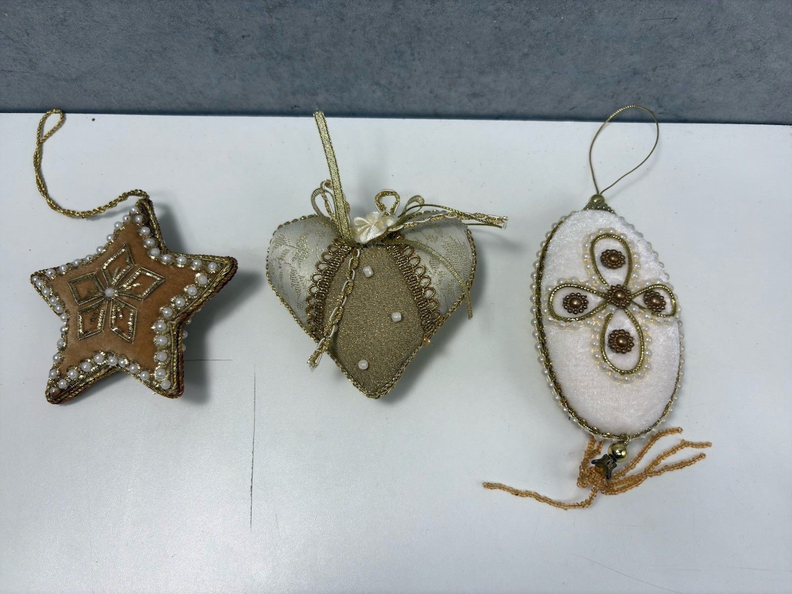 Set of 3 Vintage Beaded Satin & Velvet Ornaments — Gold, Pearl & Ivory, 1970s