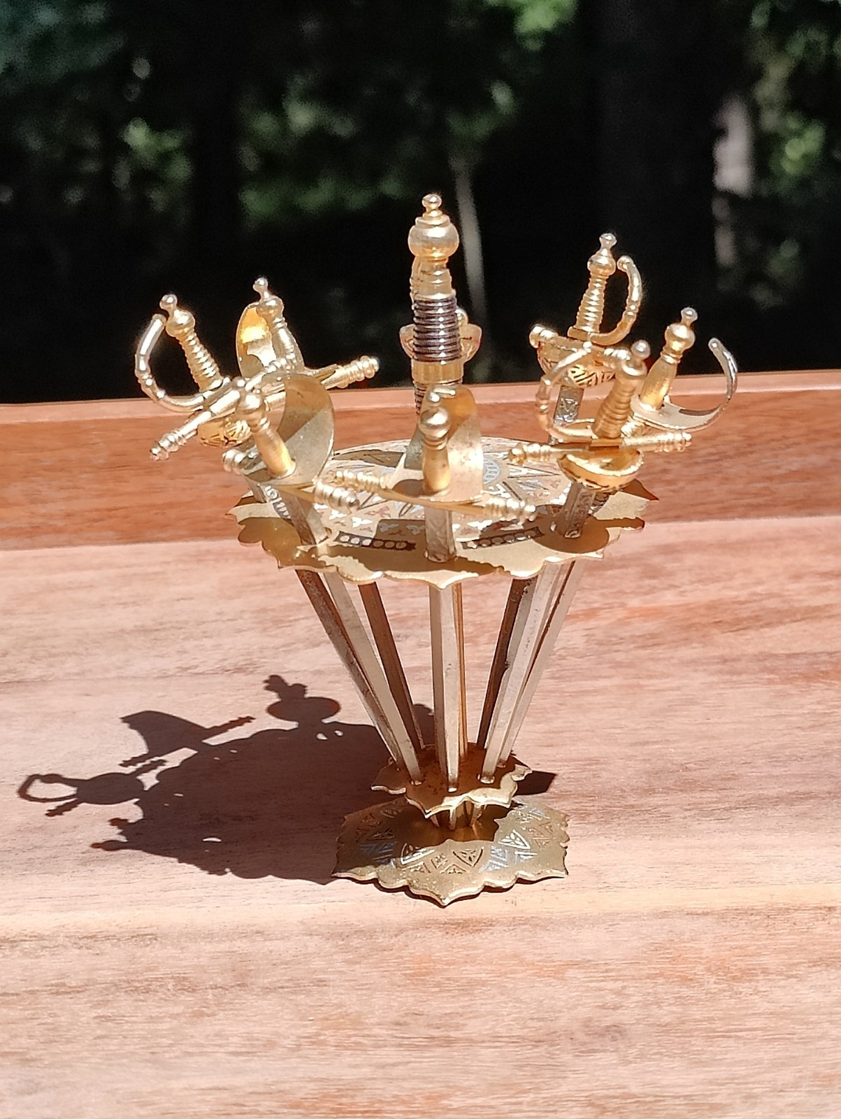 VTG MCM 8 Sword Cocktail Appetizer Picks  w/Stand Brass & Enamel Toledo Spain