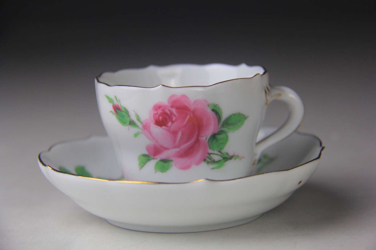 Meissen Pink Rose Demitasse Coffee Cup and Saucer Feathered Handle 2nd Quality