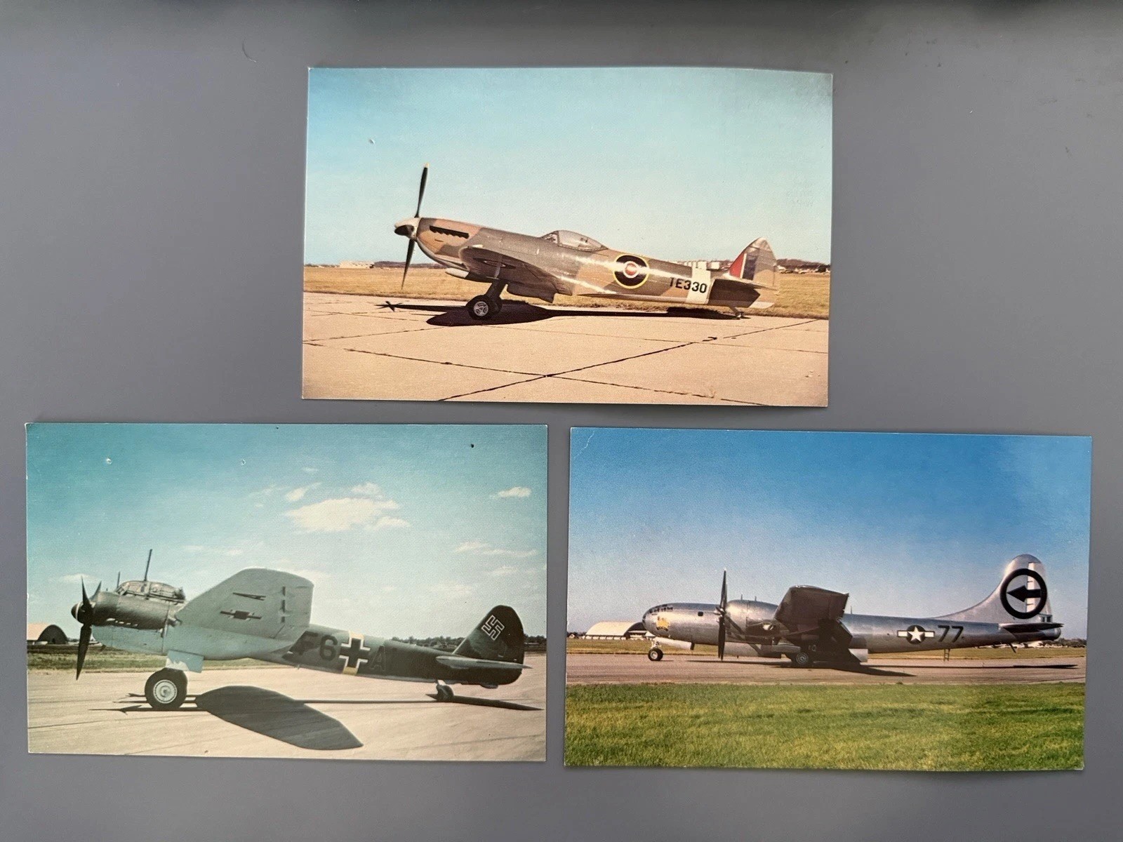 Vtg WWII Airplane Postcards Lot of 3 Spitfire Ju-88 B-29 Morsello DAMAGE/PINHOLE