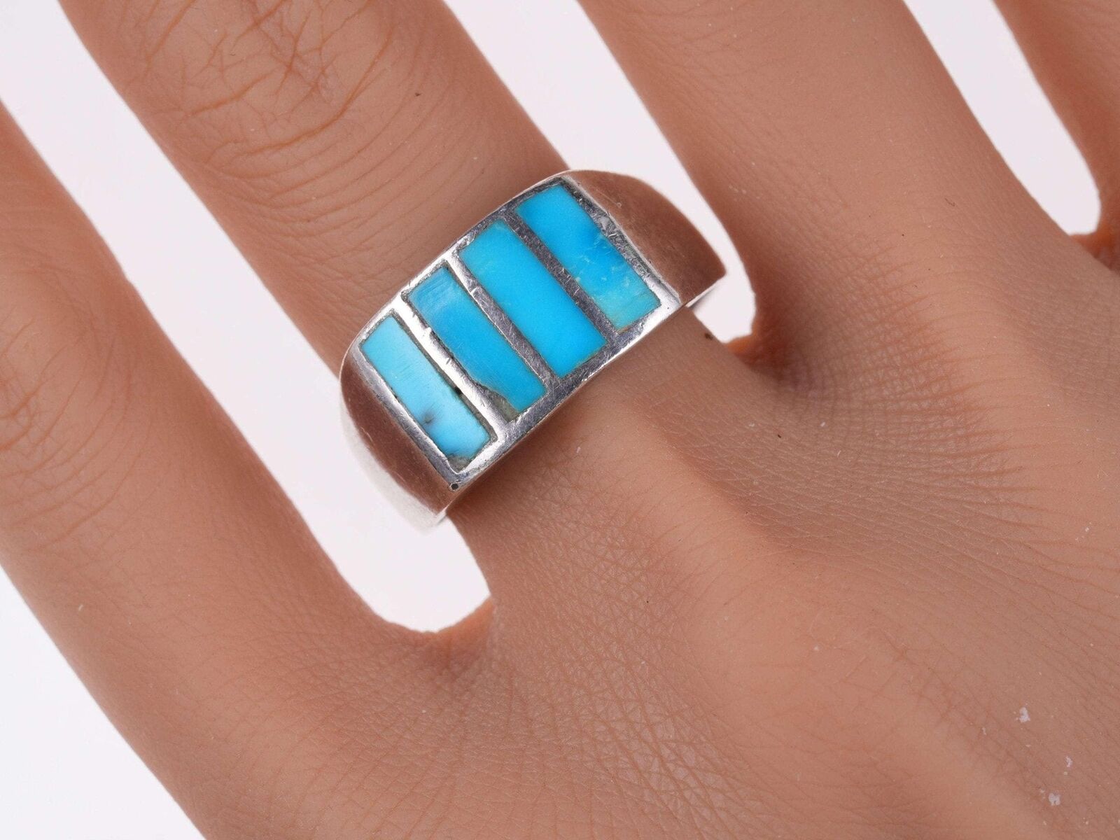 sz13 Vintage Zuni Silver Turquoise channel inlay ring