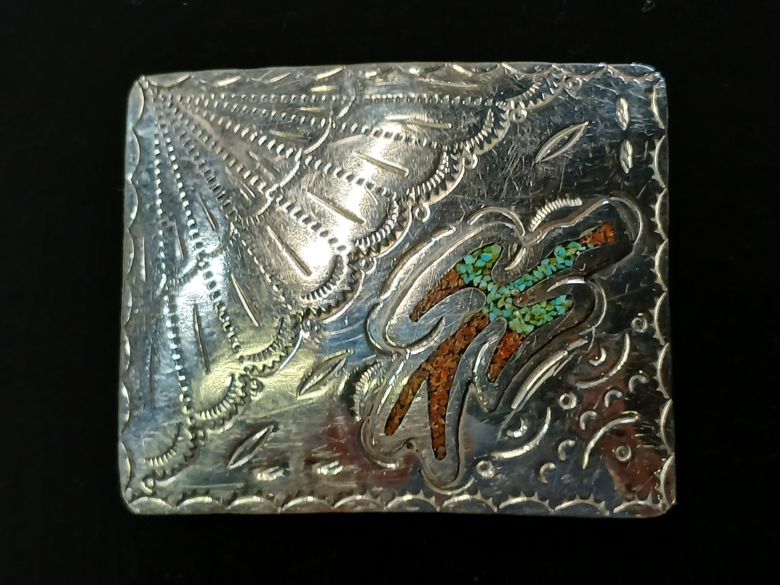 Vintage Navajo Sterling Silver Belt Buckle Turquoise Coral Chip Inlay 26g 2.5x2