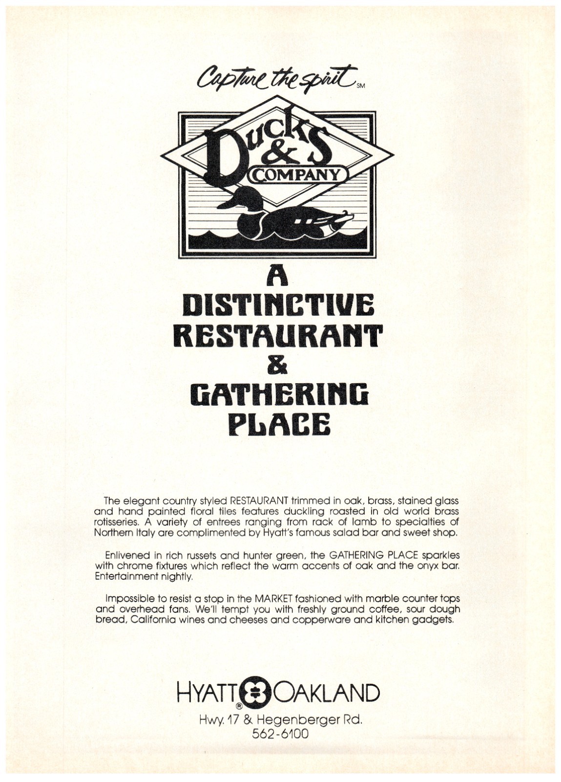 1983 PRINT AD Hyatt Oakland Ducks & Company Restaurant & Gathering Place 80's Ad