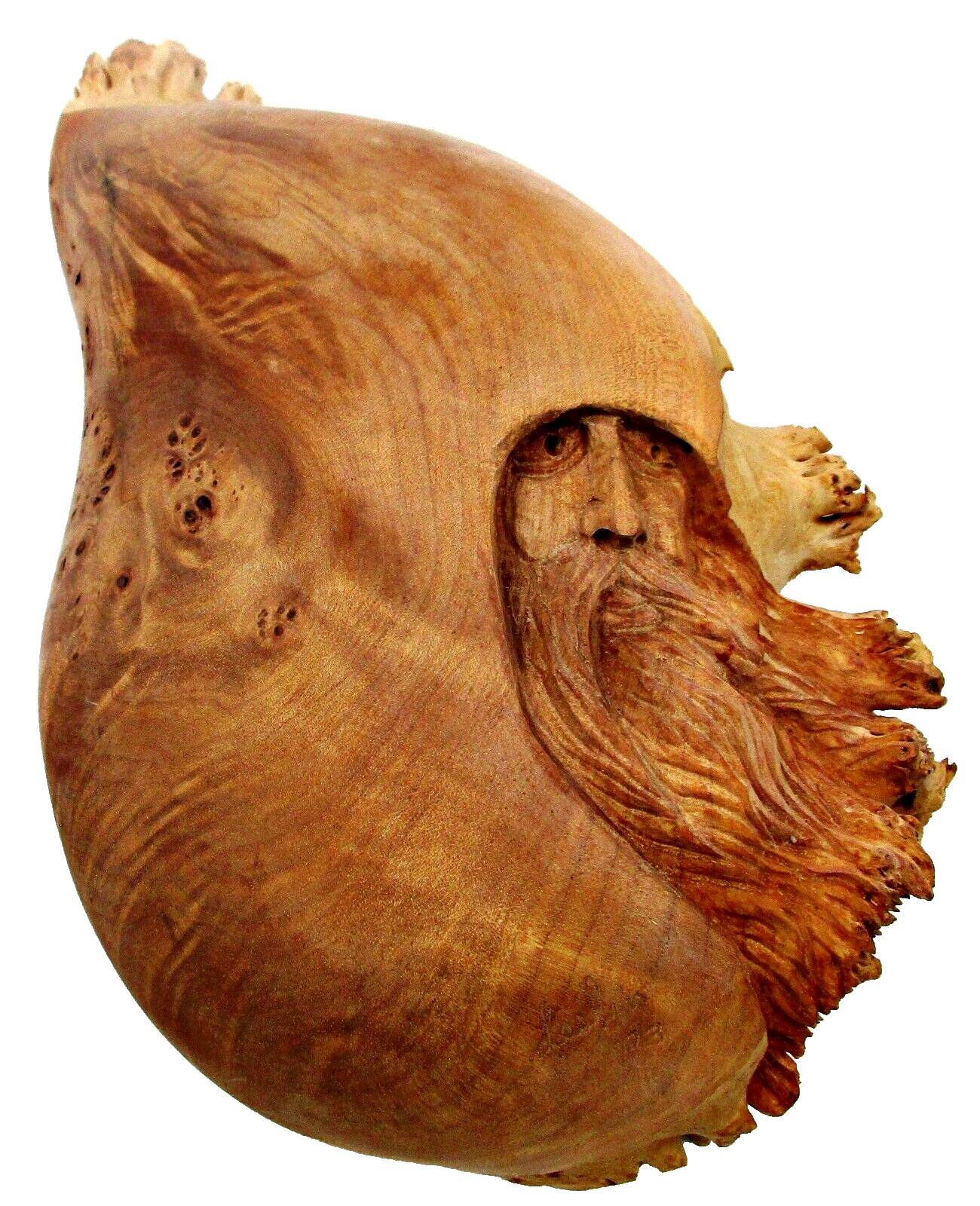 Vintage \'03 Signed Jack Leslin Hand Carved Wood Folk Art Tree Spirit Wizard Face