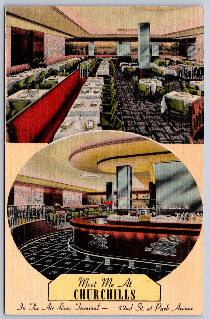 K43/ New York City Postcard Linen Churchills Restaurant 2View Iinterior 119