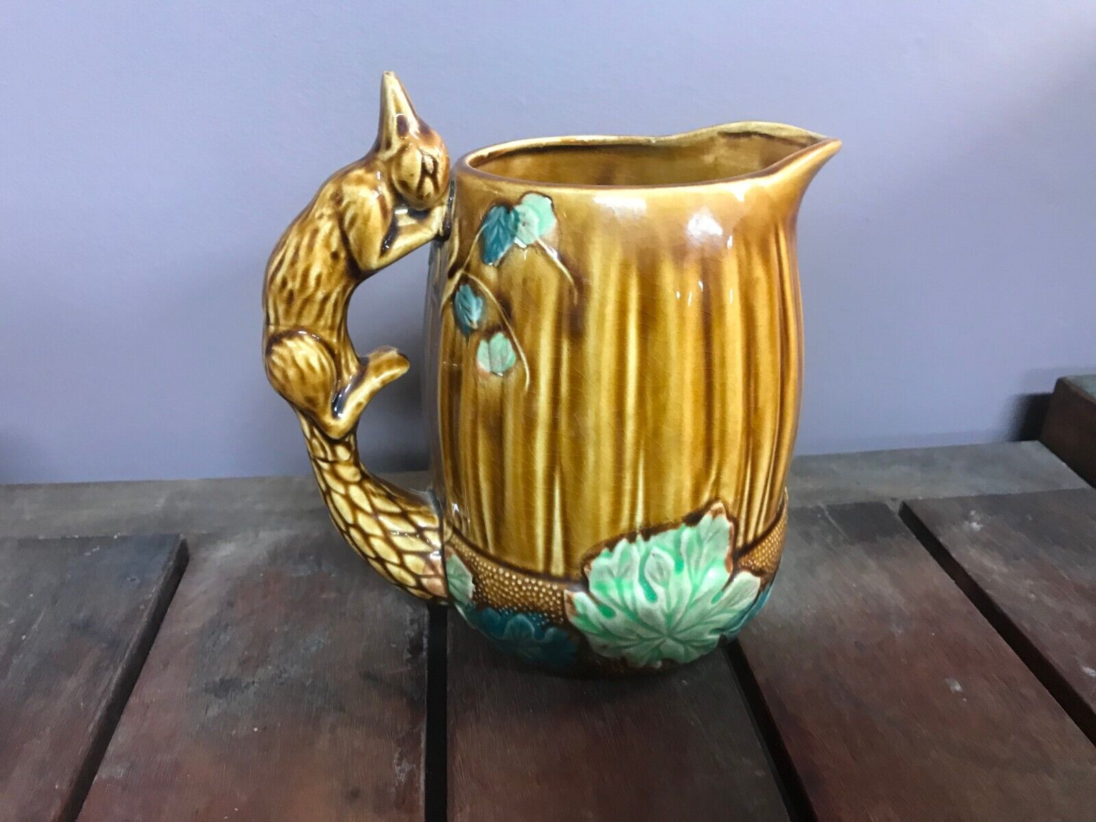 Vintage Pottery Squirrel Handle Pitcher Acorn