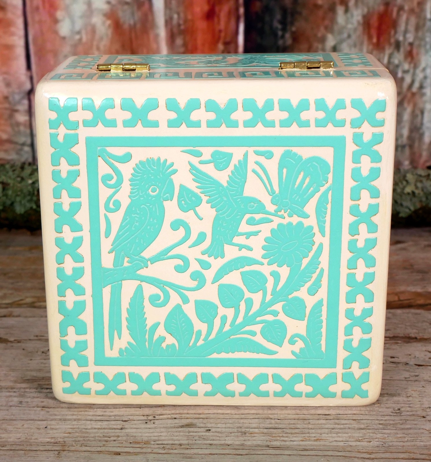 Handmade Lacquer Box with Tropical Birds Flowers & Butterflies Mexican Folk Art