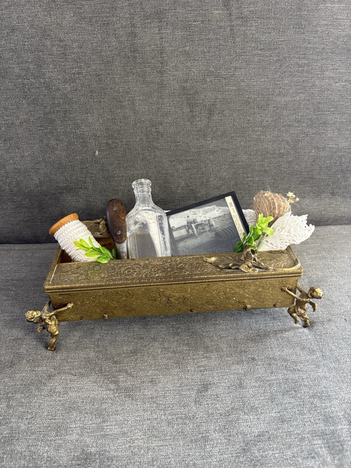 Vintage Repurposed Primitive Vignette Regency Gold Metal Tissue Box Cherubs