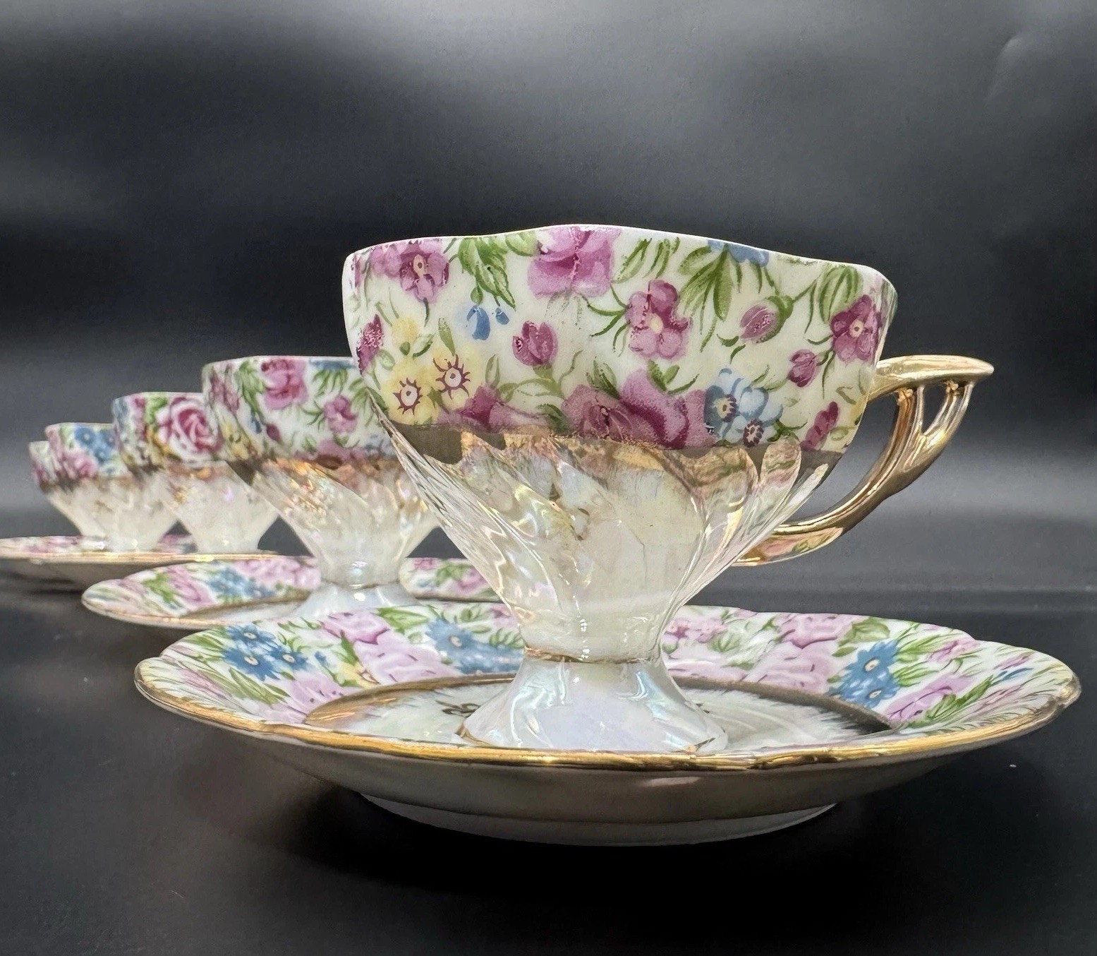 BEAUTIFUL VINTAGE LIPPER & MANN LUSTER-WARE CUP AND SAUCER SET JAPAN SET OF 5