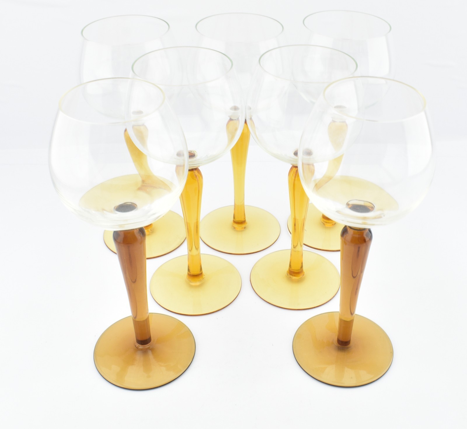 7 x Vintage Amber Stemmed Hock Wine Glasses Odd Set 2 & 5 Luminarc ?
