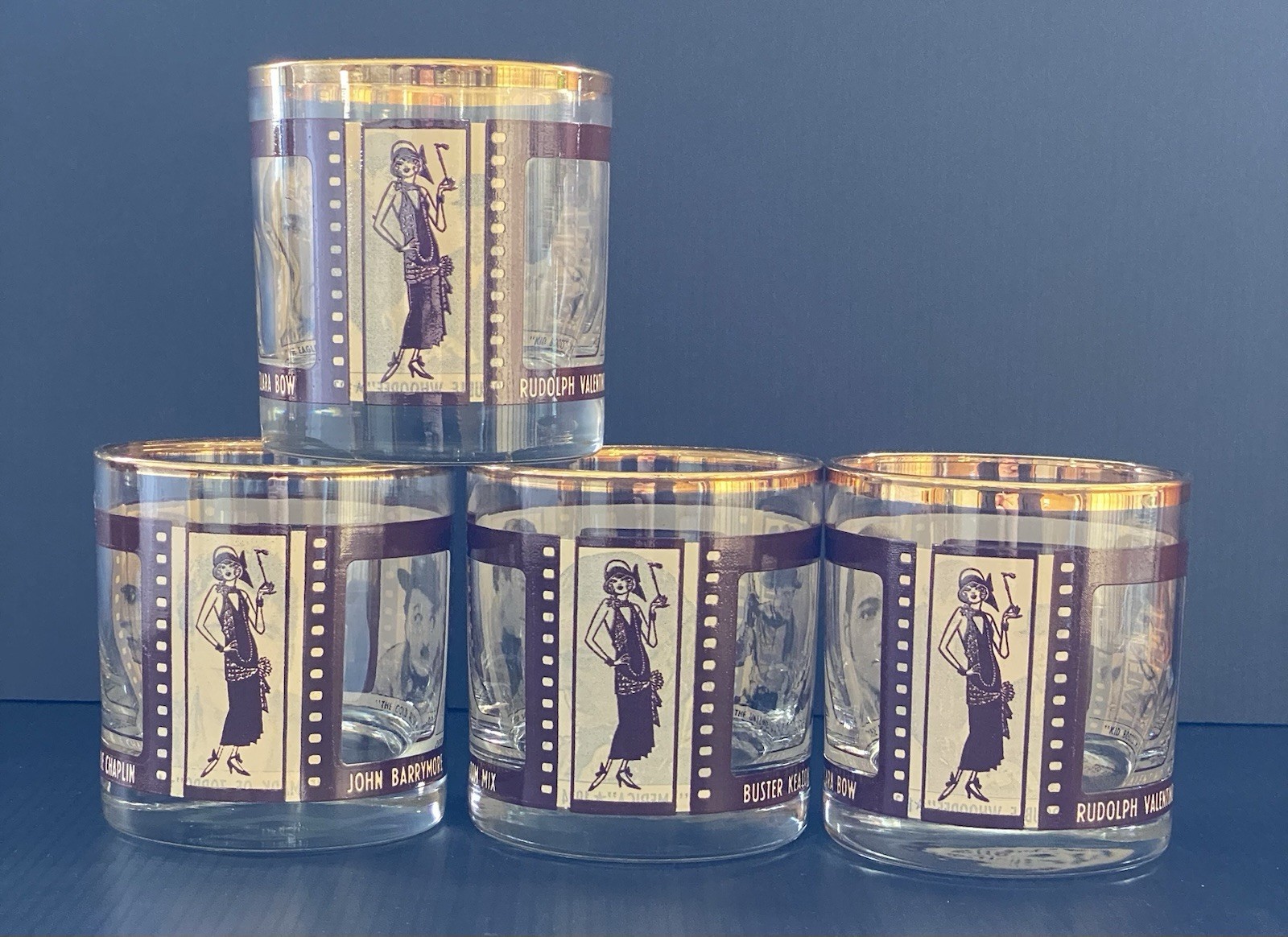 ROARING TWENTIES 4 Vintage Hollywood Whiskey Lowball Tumblers Glasses Houze Art 