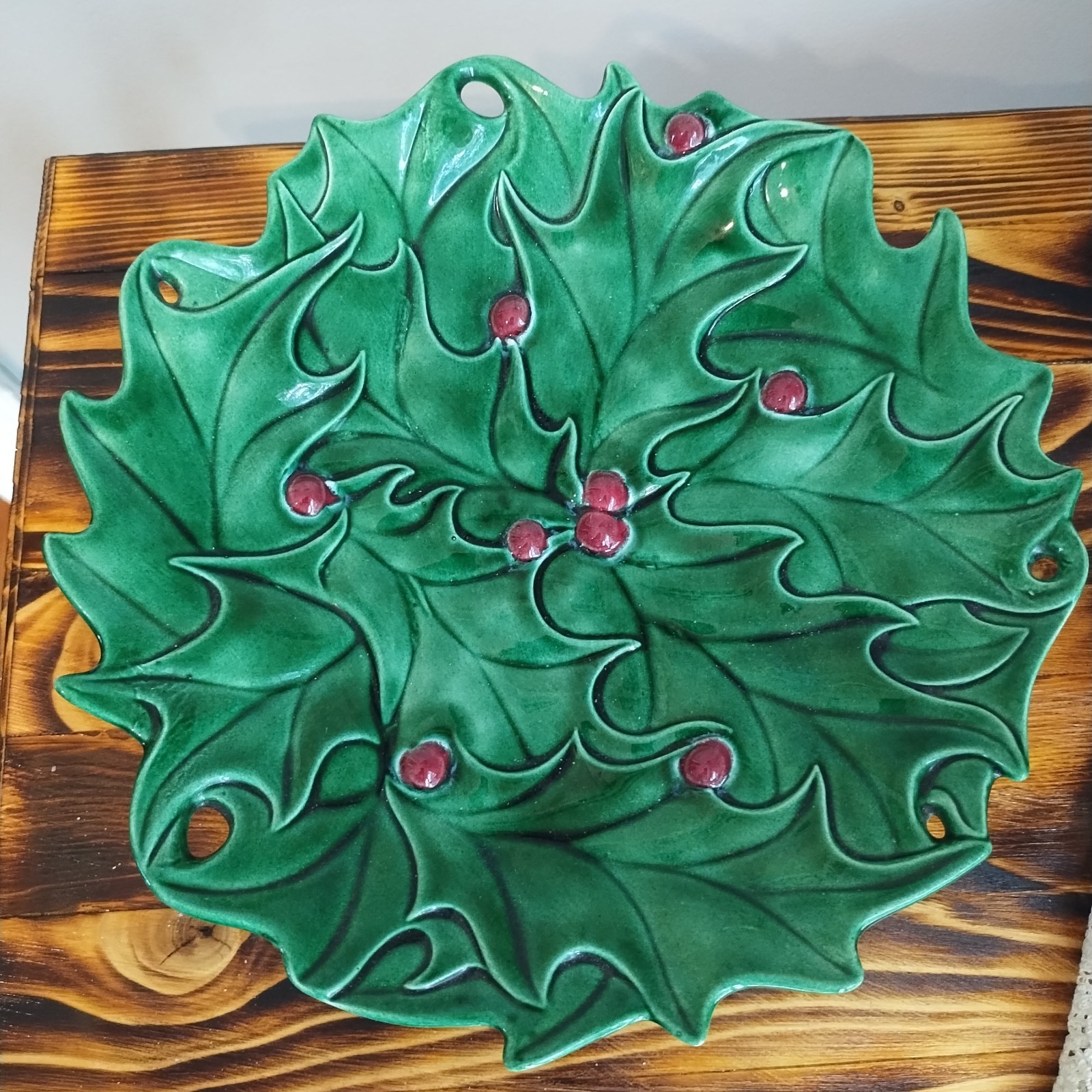 Vintage Holland Mold Green Christmas Holly Candy Serving Dish Plate Ceramic