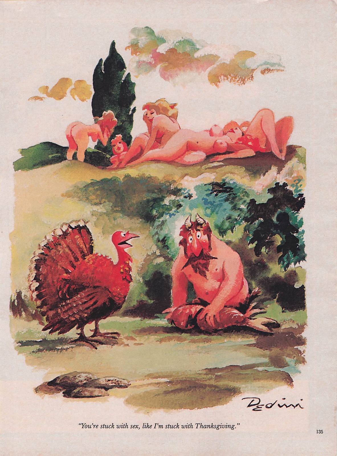 Vintage Cartoon Art funny humor Turkey Thanksgiving Sexy Hunting Didini satyr