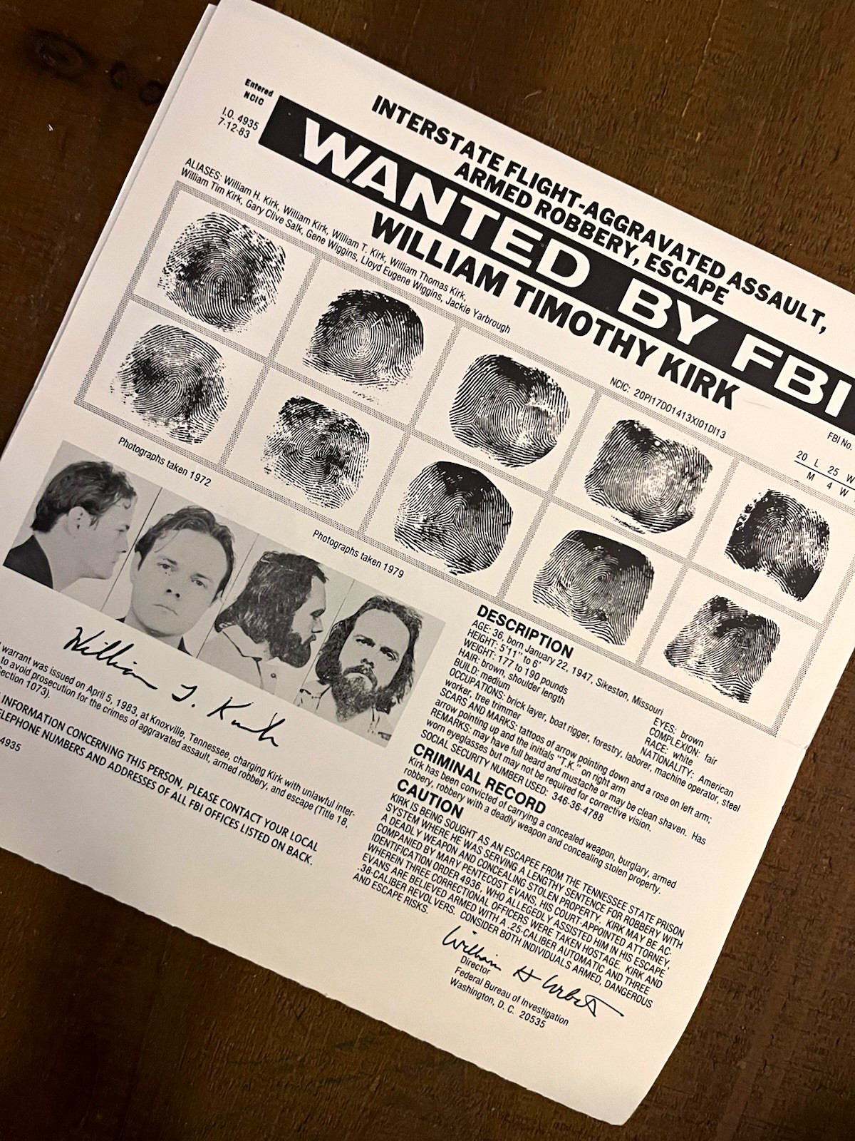 1983 FBI Wanted Poster William Timothy Kirk Mary Pentecost Evans Escape Original