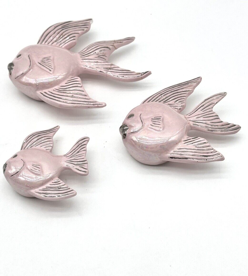 3 Vintage 1960 Kitschy Ceramic Fish Pink Iridescence 5.5-3in READ