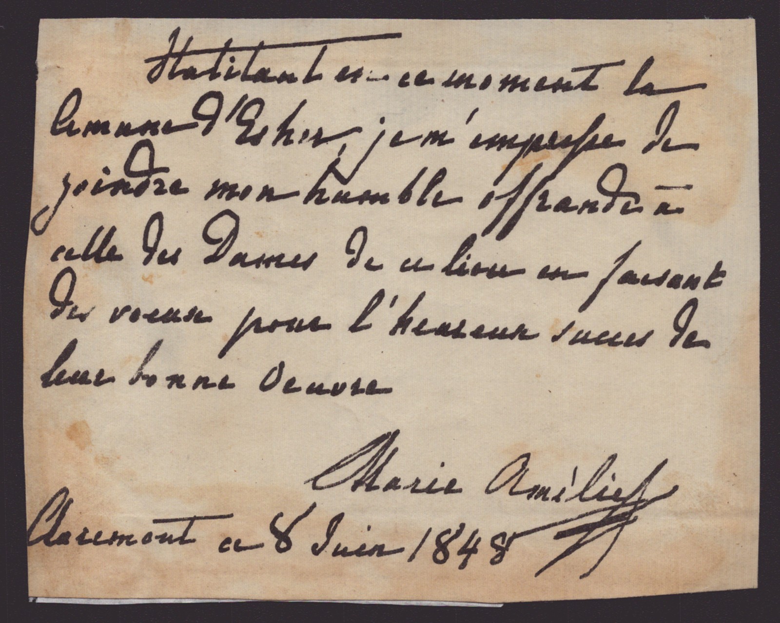 QUEEN MARIE AMELIE (FRANCE) - AUTOGRAPH NOTE SIGNED 06/08/1848